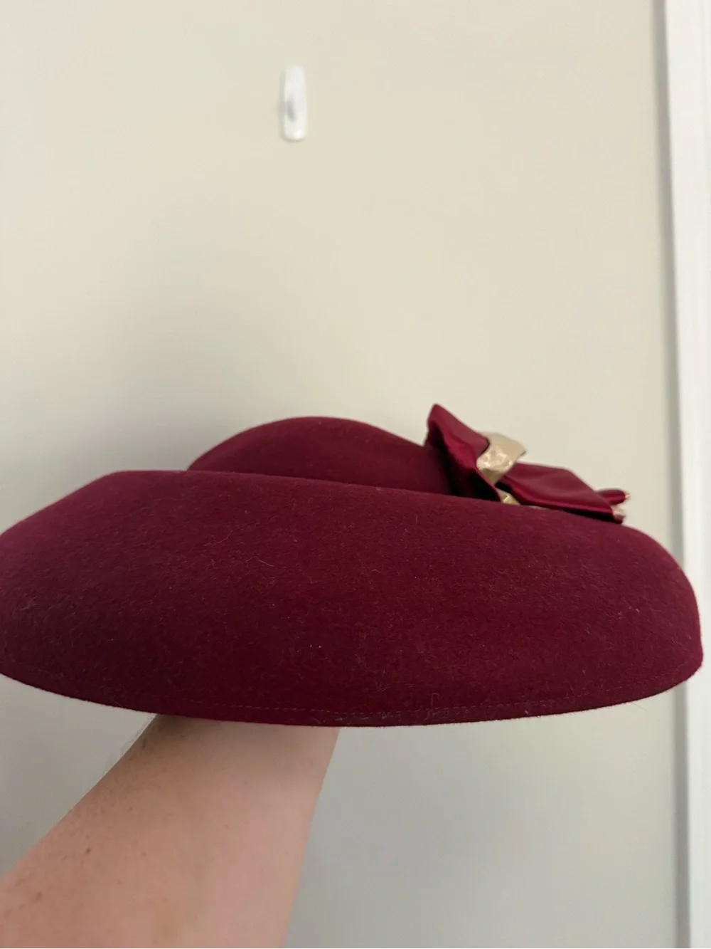Women's Maroon Wool Felt Hat with Gold Satin Accent - Picture 5 of 9